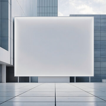 A large, illuminated billboard is mounted on a modern building facade, featuring a clean, minimalist design with a sleek outdoor plaza in the foreground, suggesting a contemporary urban setting.