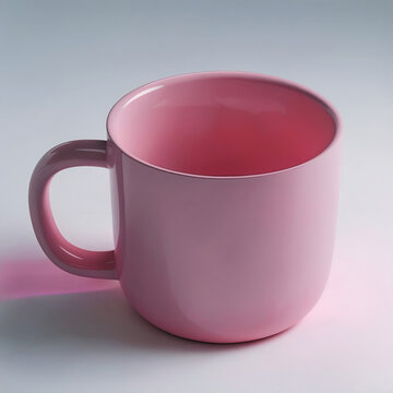 A simple pink ceramic mug sits on a light surface, casting a subtle shadow, ready to hold a warm beverage.