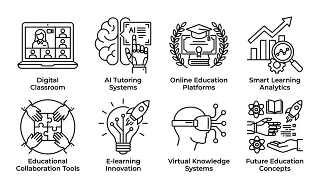 Collection of Icons Representing Modern Education and Technology Concepts.