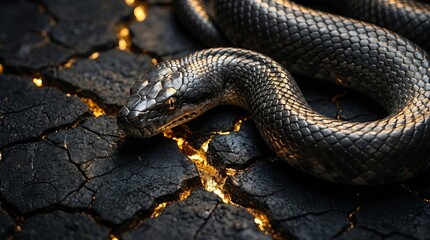 Obraz premium A close-up of a black snake resting on cracked, charred ground with glowing golden fissures beneath the surface.