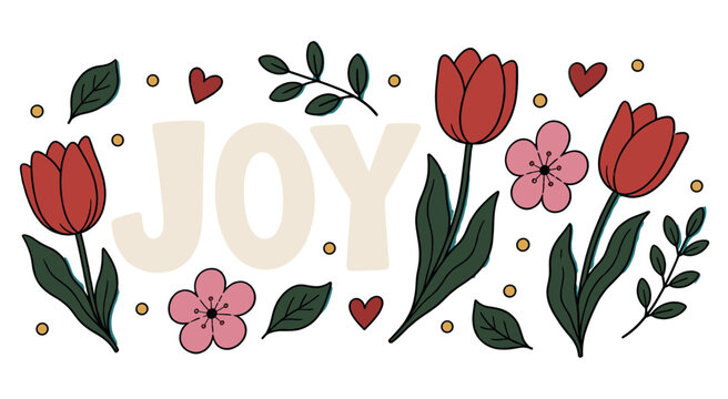 Joy word with flowers icons set. Floral decoration with text. Tulip flowers, hearts, leaves, dots. Hand-drawn doodle style