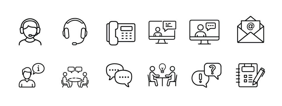 Contact service customer care web line icons set telemarketing headset support consultant corporate marketing talk table meeting & more vector illustration with editable stroke