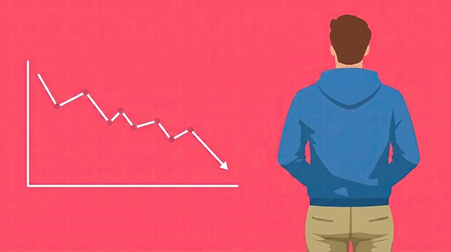A man in a blue hoodie looks at a declining line graph on a pink background, symbolizing a drop or loss in data or performance.
