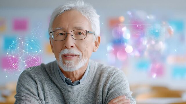 Elderly man contemplates digital innovation in a modern classroom setting