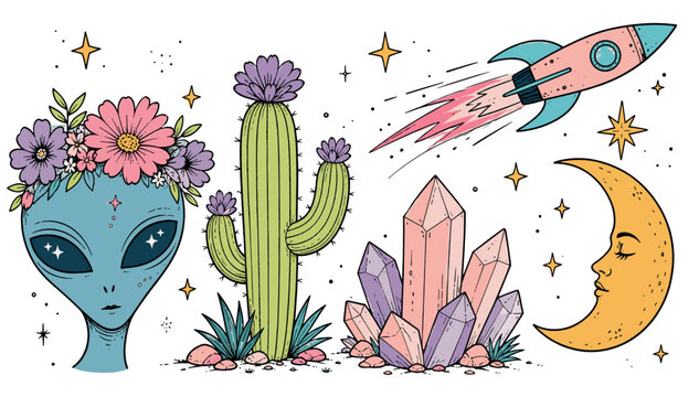 Cosmic desert icons set. Alien head with flowers. Cactus, crystals, rocket, moon. Stars, space elements. Hand-drawn doodle style