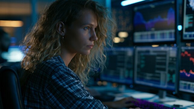 Close medium shot of a female professional analyzing fraud detection alerts on a multiscreen setup surrounded by a shadowy trading environment illuminated by subtle blue LEDs