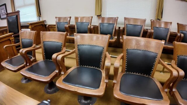 Jury seats in a courtroom in the historic Hocking County Courthouse