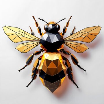 A geometric, low-poly illustration of a bee with gold and black facets, set against a neutral background