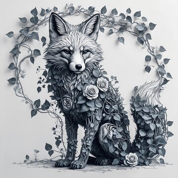 An artistic depiction of a fox adorned with lush foliage and delicate roses, seated elegantly within a frame of intertwined vines and leaves.