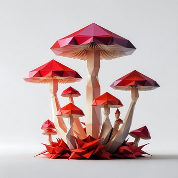A cluster of stylized red polygonal mushrooms rises from a bed of red leaves, rendered in a clean, modern, origami-inspired aesthetic against a neutral background.