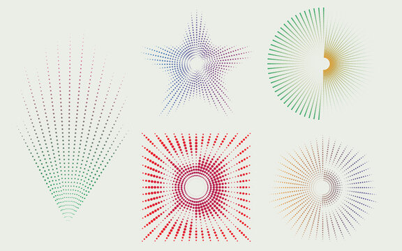 Set of abstract halftone radial shapes, dotted sunburst patterns, geometric design elements for logo and graphic design