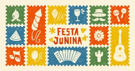 Naklejka na ściany i meble Festa Junina carnival flyers with crayon icons of summer festival in frames. Party posters with accordion, guitar, wine glasses, accordion and lantern drawn with bright chalk, vector illustration