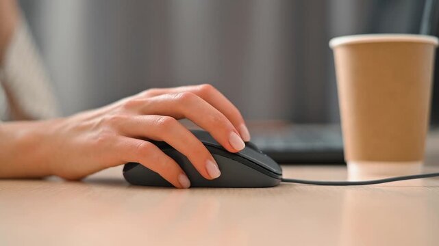 A hand operates a computer mouse on a desk while a coffee cup is positioned nearby. The setting suggests a work environment, ideal for productivity and focus