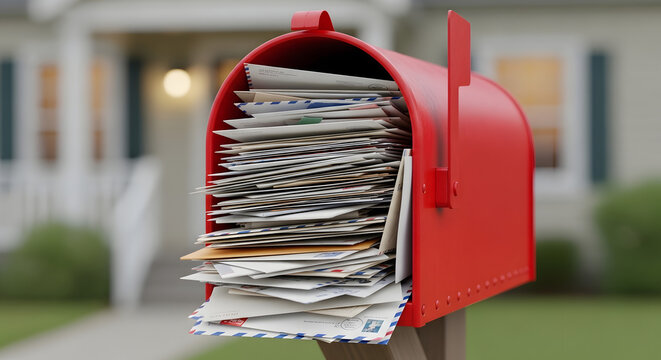 Red mailbox overflowing with a large stack of letters and envelopes in front of a suburban residential house exterior