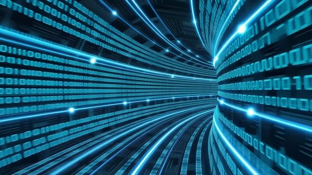 Abstract digital background featuring glowing binary code in a futuristic tunnel, representing data flow and innovation.