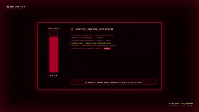 Memory Buffer Overflow Mainframe Monitor Displaying Ram Stack Capacity Usage Level Indicator Bar And Critical Kernel Panic Error Alert Warning Red HUD Screen.