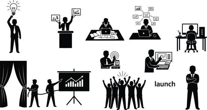 Business silhouette icons set office presentation and teamwork concepts