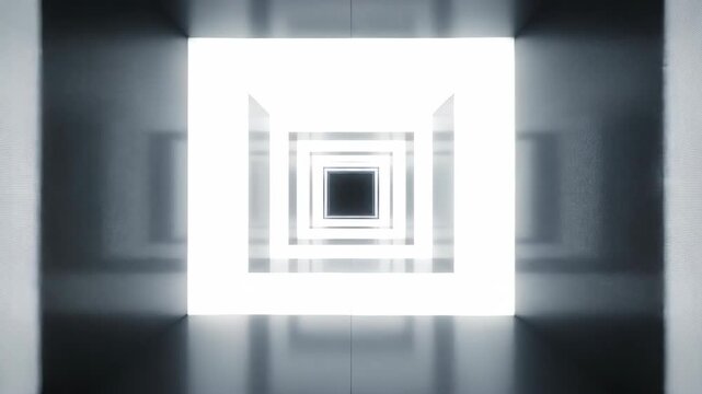 Infinite white square tunnel with glowing layers and dark center. Perfect for tech visuals, futuristic transitions, VR/AR backgrounds, and cinematic sequences