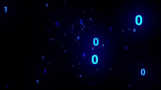 Blue neon binary code tunnel animation flying deep into background. Digital matrix flow of pattern with zeros and ones on black