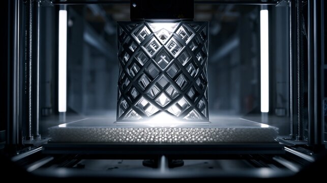 Medium shot showcasing a 3D printer fabricating complex lattice structures for prototypes emphasizing advanced geometry and optimization in additive manufacturing.