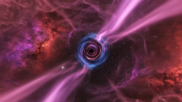 A bright light travels through a dark tunnel in deep outer space