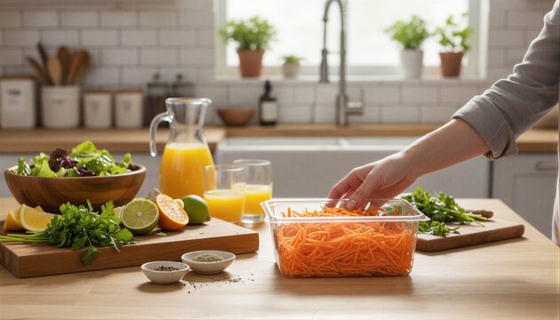 Person reaching for shredded carrots during a bright weekend brunch