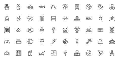 Kindergarten icon set. Minimalist vector icons pack. Includes symbols for teddy bear, milk box, slide, balloons, soccer ball, blackboard, sandbox, piano, swing, crayons, ice cream, blocks and more. Ed © wang