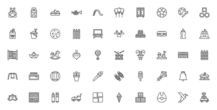 Kindergarten icon set. Minimalist vector icons pack. Includes symbols for teddy bear, milk box, slide, balloons, soccer ball, blackboard, sandbox, piano, swing, crayons, ice cream, blocks and more. Ed