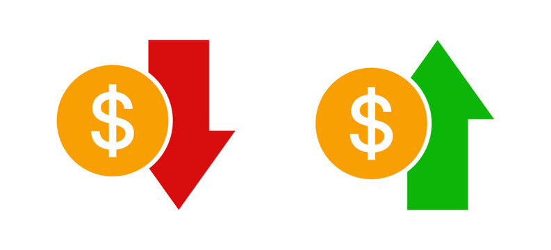 Dollar coin with red down arrow and green up arrow for market trends