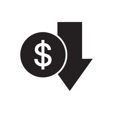 Dollar coin and downward arrow representing financial decrease