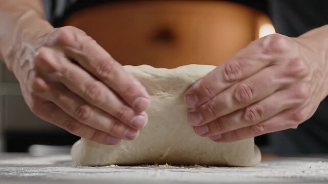 Skilled baker carefully kneading soft white dough on a flour dusted surface to prepare fresh artisanal bread for customers in a busy professional restaurant kitchen