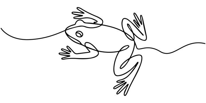 Minimalist one line drawing of a leaping frog in black and white, Frog as a logo icon one line art outline cartoon black and white illustration, Reptile animal icon concept. Trendy single line draw