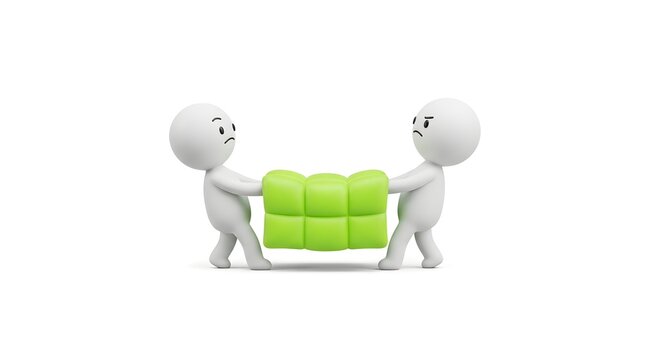 Characters in conflict pulling a green object