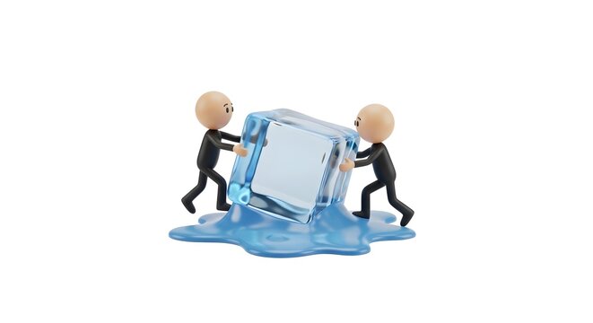 Characters pushing a large melting ice cube