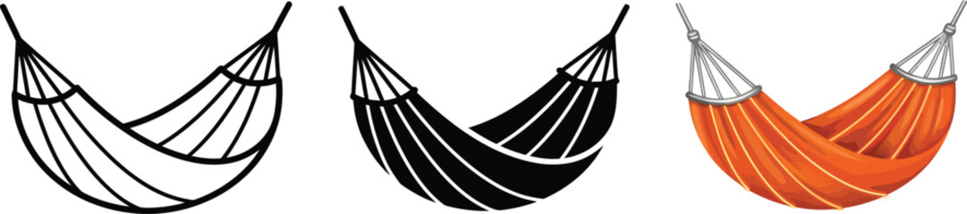 Collection of vector hammock illustrations including outline solid and colorful flat design versions ideal for leisure and vacation themes © Ahmad