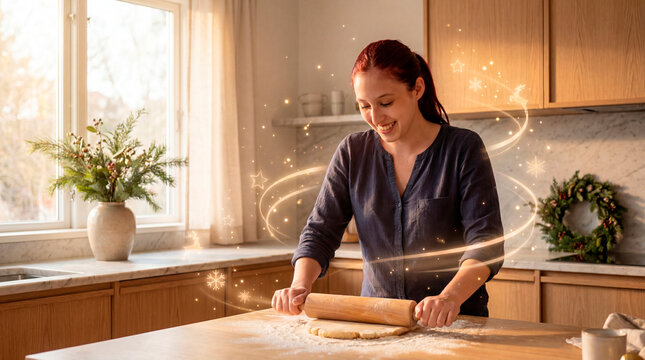 Christmas holiday cookie baking scene with glowing seasonal light in modern kitchen