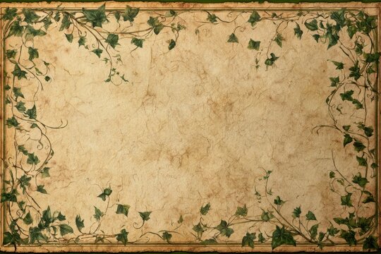 Vintage Textured Paper Background with Green Ivy Vine Border and Space