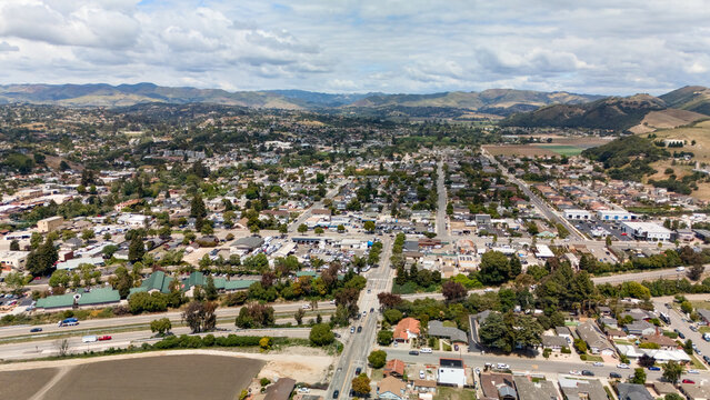 Drone view over suburban town and hills in Arroyo Grande California