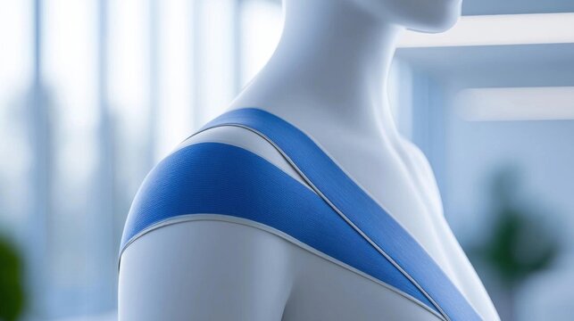 Close-up of a white mannequin torso with a blue shoulder strap. the shoulder strap is made of a thin, stretchy material and has a curved shape.
