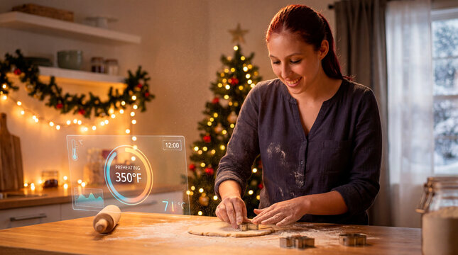Festive cookie preparation with smart oven interface and illuminated christmas holiday kitchen