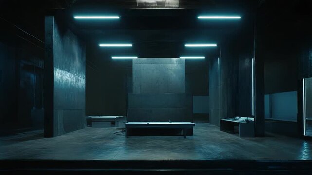 Dark futuristic interior featuring an empty industrial laboratory space with concrete walls, minimalist architecture, and glowing blue neon light tubes illuminating the scene