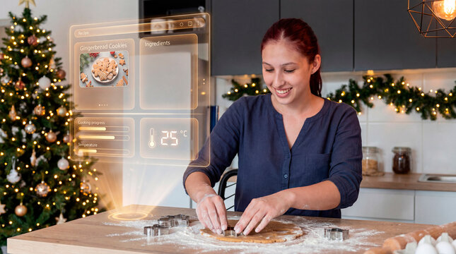 Christmas baker cutting gingerbread cookies with floating smart kitchen recipe interface