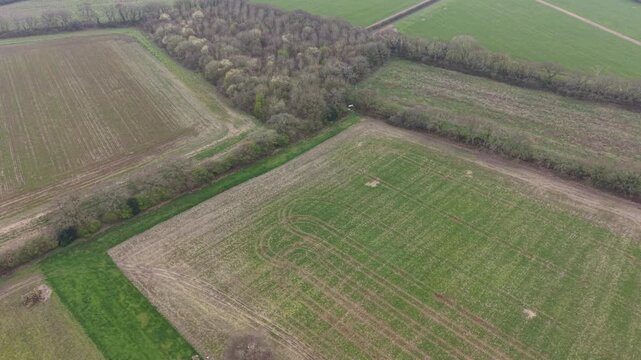 Aerial image showing farmland fields with woodland across open countryside.