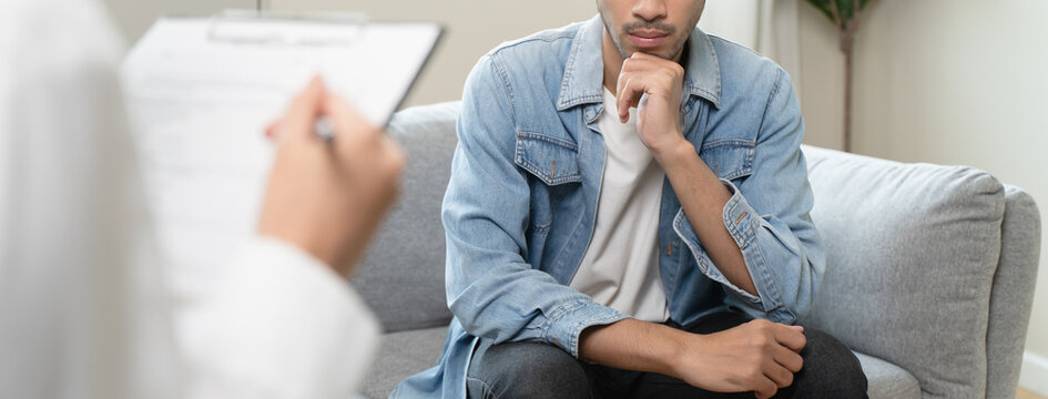 mental health care therapy concept, psychologist counseling to anxiety patient and giving guidance mental therapy care to cure mental health.