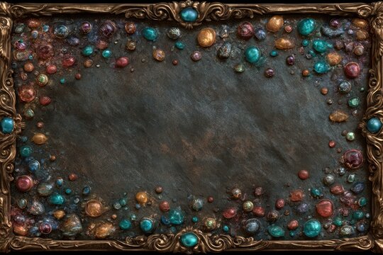 Ornate Golden Frame with Colorful Gemstones and Textured Dark Background