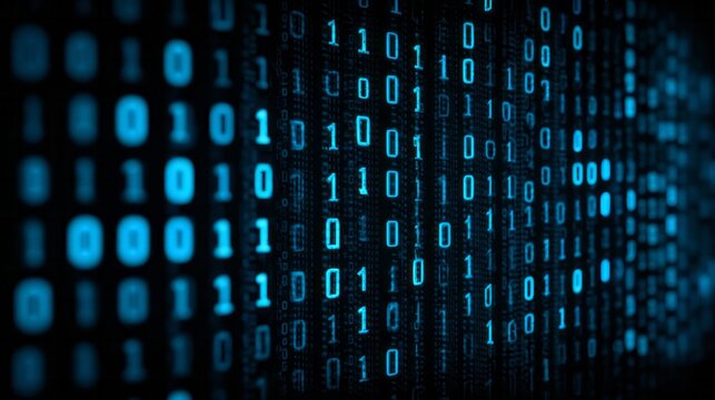 Glowing blue binary code flows on a dark digital background.