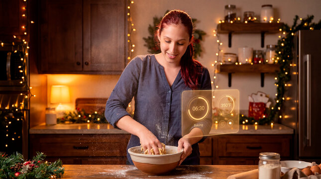 Christmas home baker mixing festive dough with illuminated smart baking controls