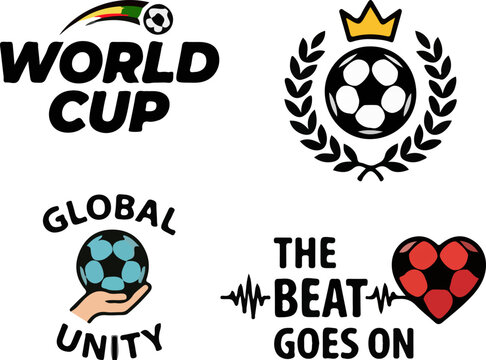 world cup football typography badges with soccer ball, crown, unity hand, heartbeat heart icon, modern sports logo vector collection
