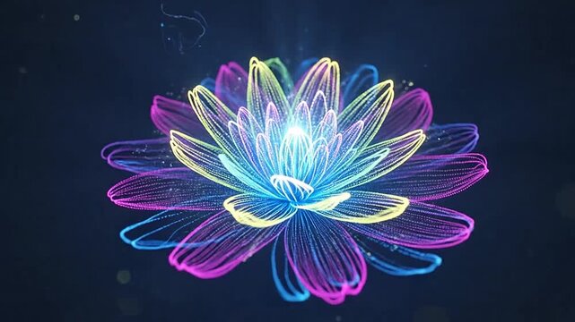 A glowing digital lotus flower made of vibrant neon particles on dark background