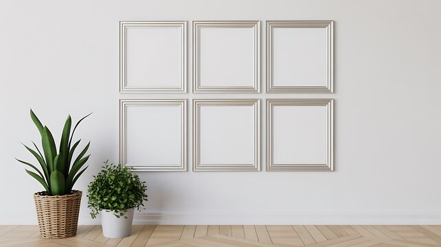 Six empty picture frames on white wall with two potted plants on wooden floor